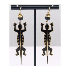 Vtg 90s Laurel Burch Lizardo Enamel Earrings Gold+Black 3"Dangle Aztec Southwest